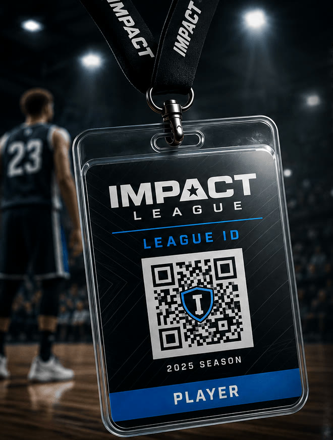 An IMPACT League ID card on a lanyard, worn by every player and coach.