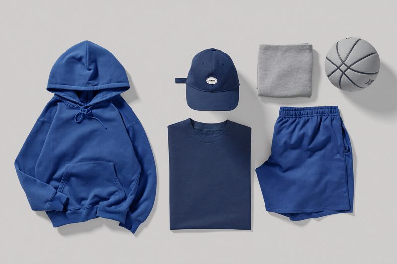 Folded IMPACT Sports team jerseys, a hoodie, a cap, and a basketball.